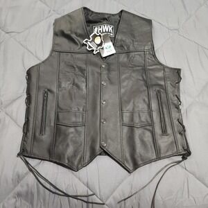 HWK Genuine Leather Motorcycle Vest Men's Med Black Biker Riding Snap Front NWT
